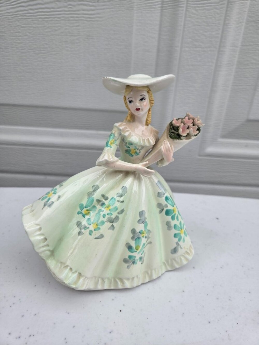 Vintage Lefton Lady Figurine With Floral Dress & Hat Hand-Painted Ceramic